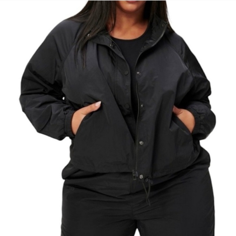 Good American Essential Black Track Jacket Nylon Full Zip Crop Women's 7 Size 4X